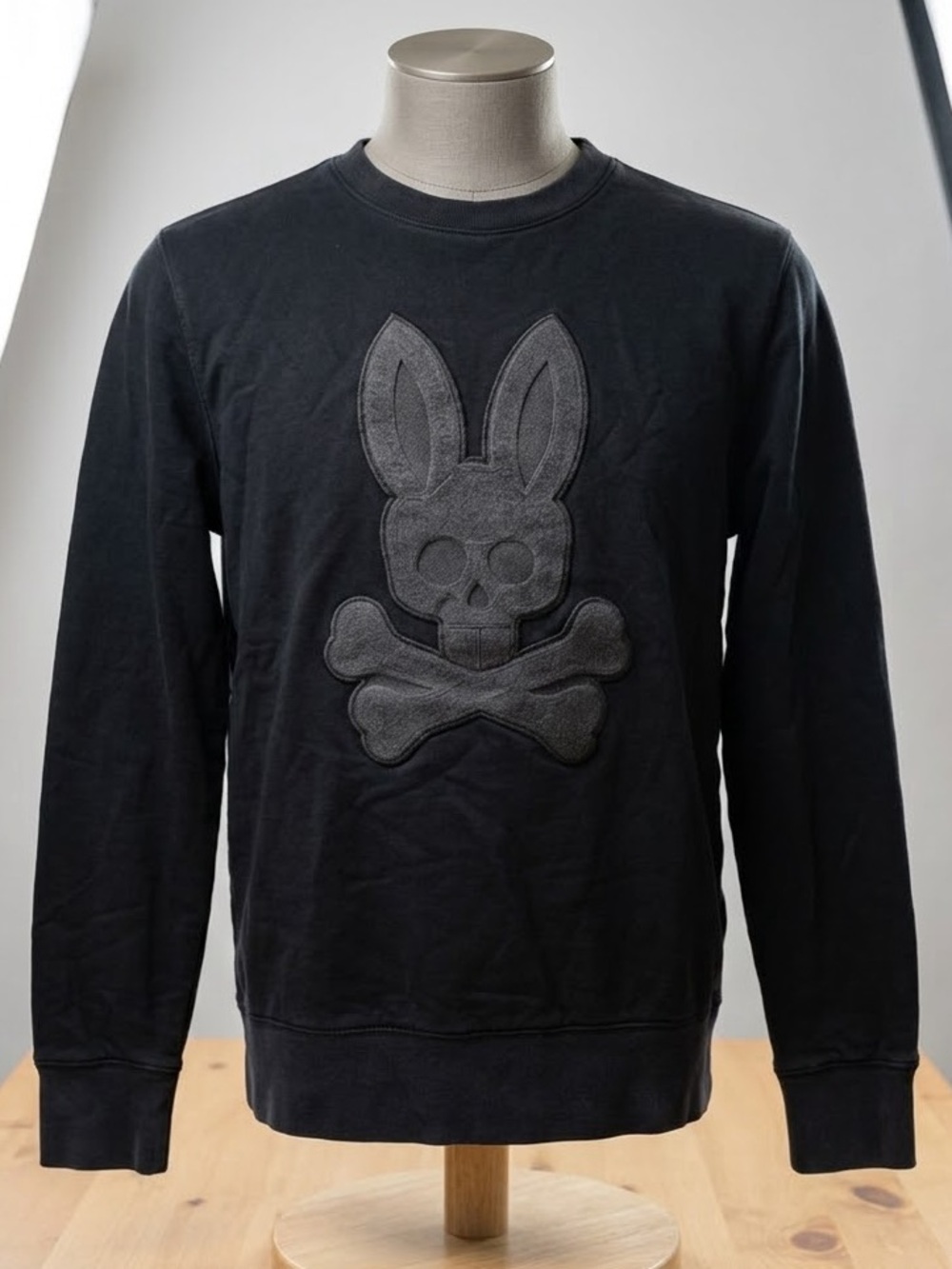 Psycho Bunny Black Crewneck Sweatshirt Large Skull Applique - Size M